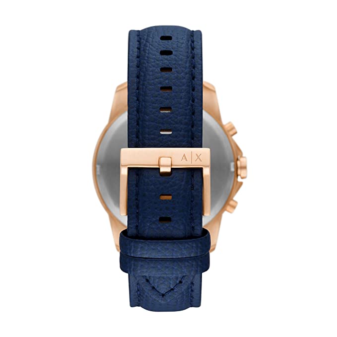 Armani Exchange Banks watch caseback showing blue leather strap and rose gold clasp