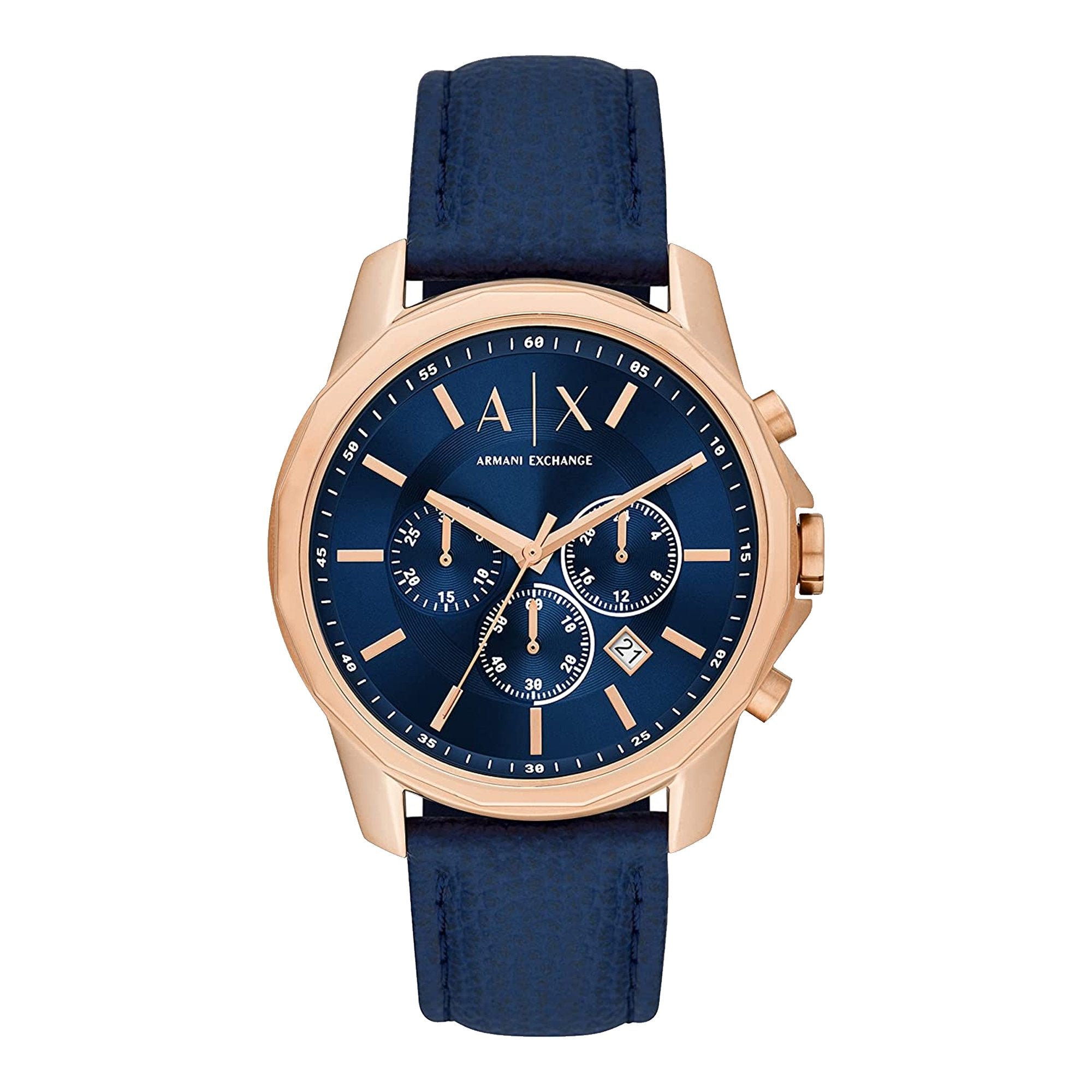 Armani Exchange Banks chronograph watch with blue dial and rose gold case