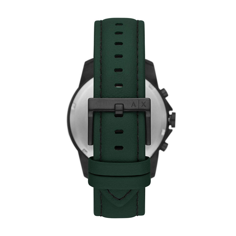 Armani Exchange Banks watch caseback showing green leather strap and black stainless steel case