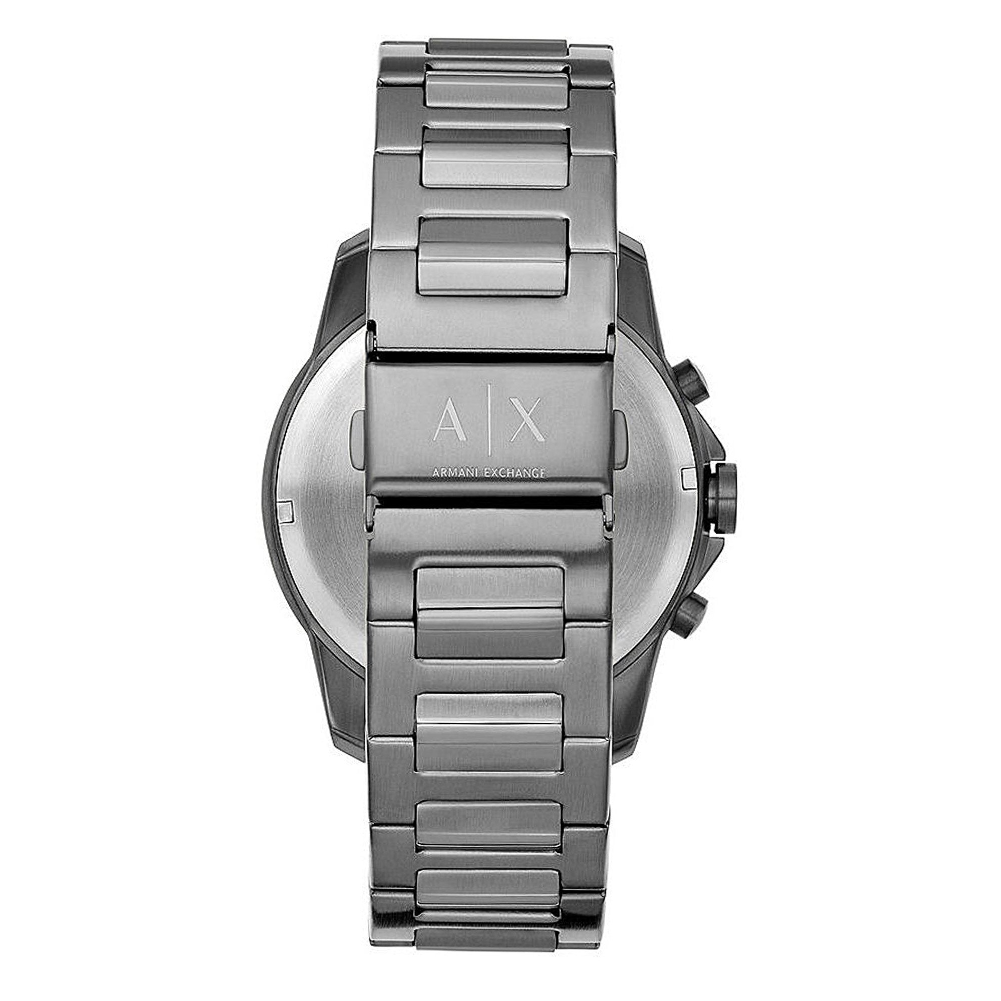 Armani Exchange Banks AX1731 caseback view with engraved AX logo on gunmetal stainless steel