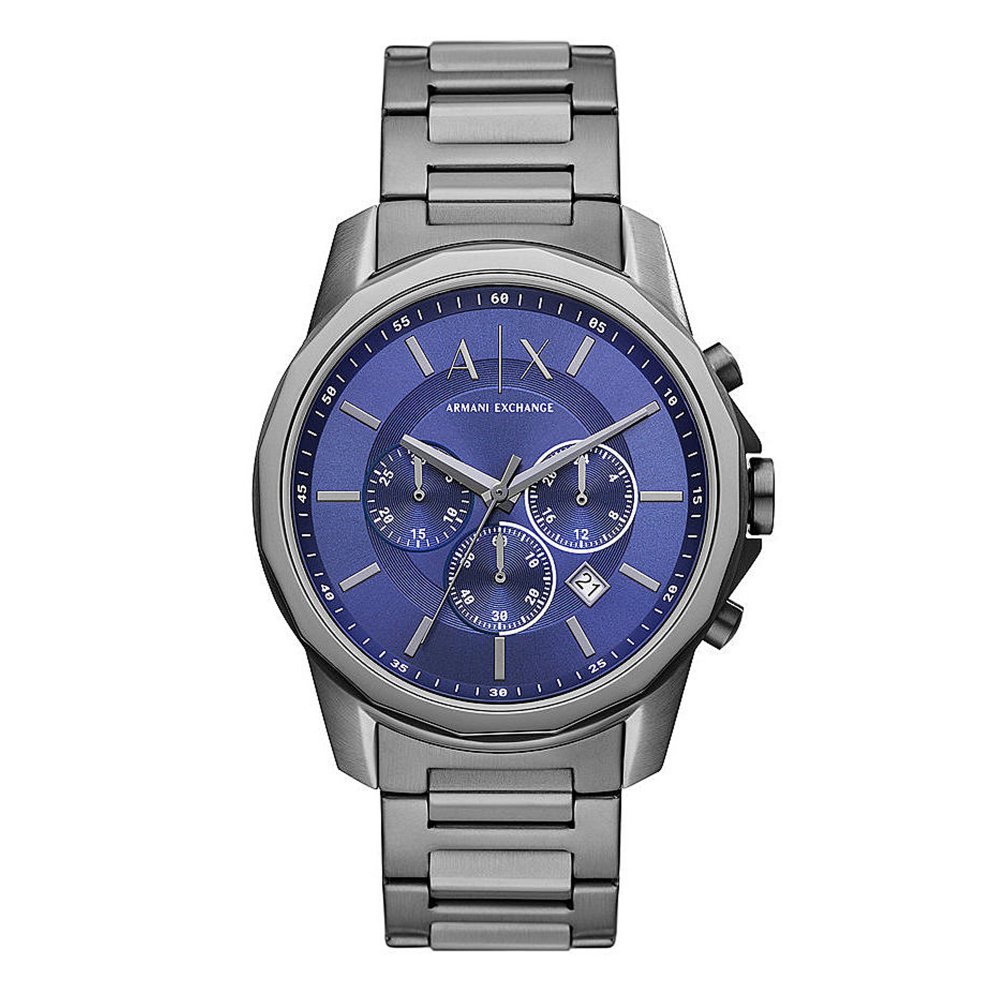Armani Exchange Banks AX1731 chronograph watch with gunmetal stainless steel case and bracelet, blue dial with three subdials