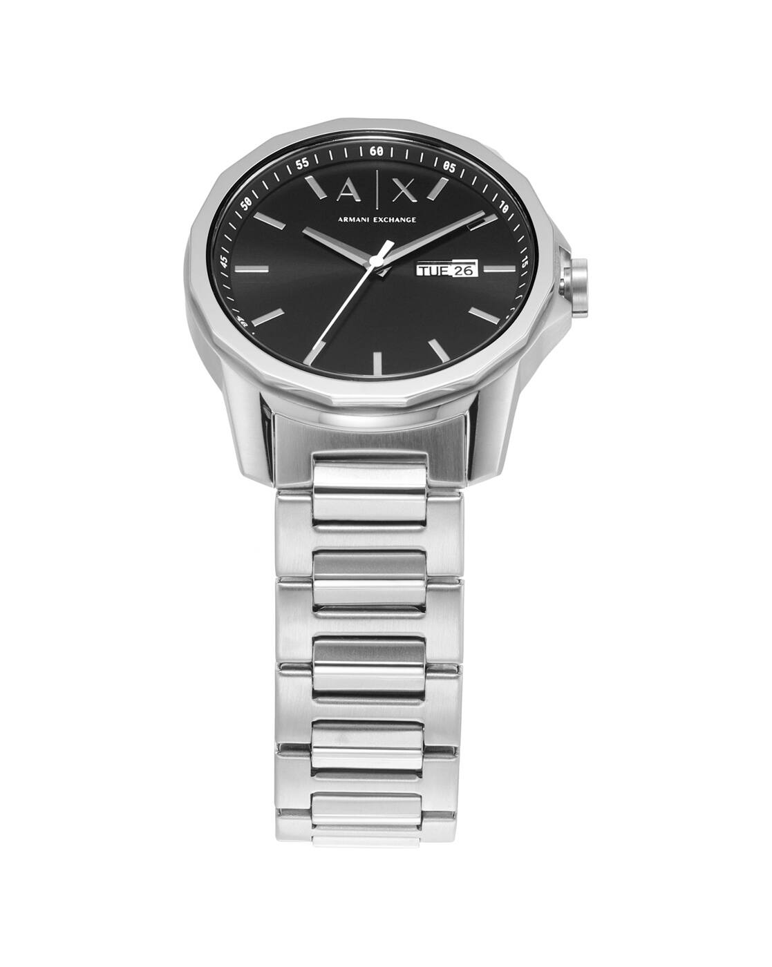 Front view of Armani Exchange Banks AX1733 with black dial and silver metal bracelet