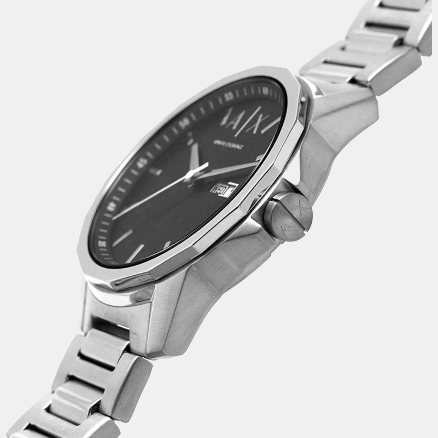 Side profile of AX1733 watch displaying case thickness and stainless steel bracelet detail