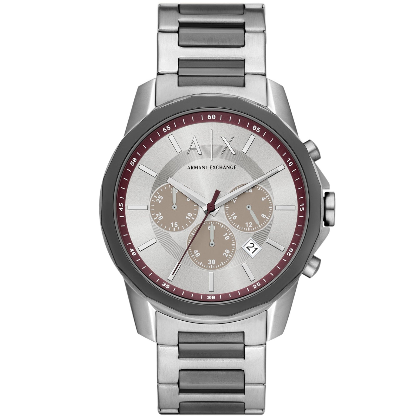 Armani Exchange Banks chronograph gray dial watch with tan subdials and burgundy bezel