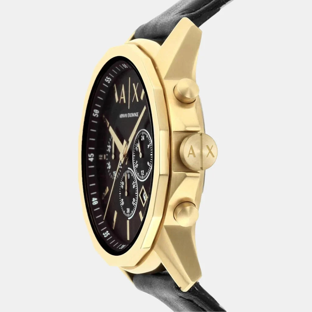 Side angle view of Armani Exchange Banks chronograph with gold case and black leather strap