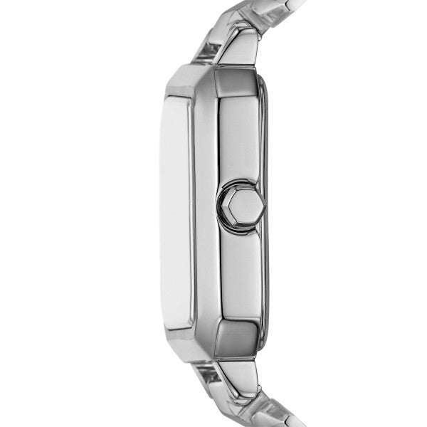 Armani Exchange Brooke watch shown from side profile with crown and bracelet detail