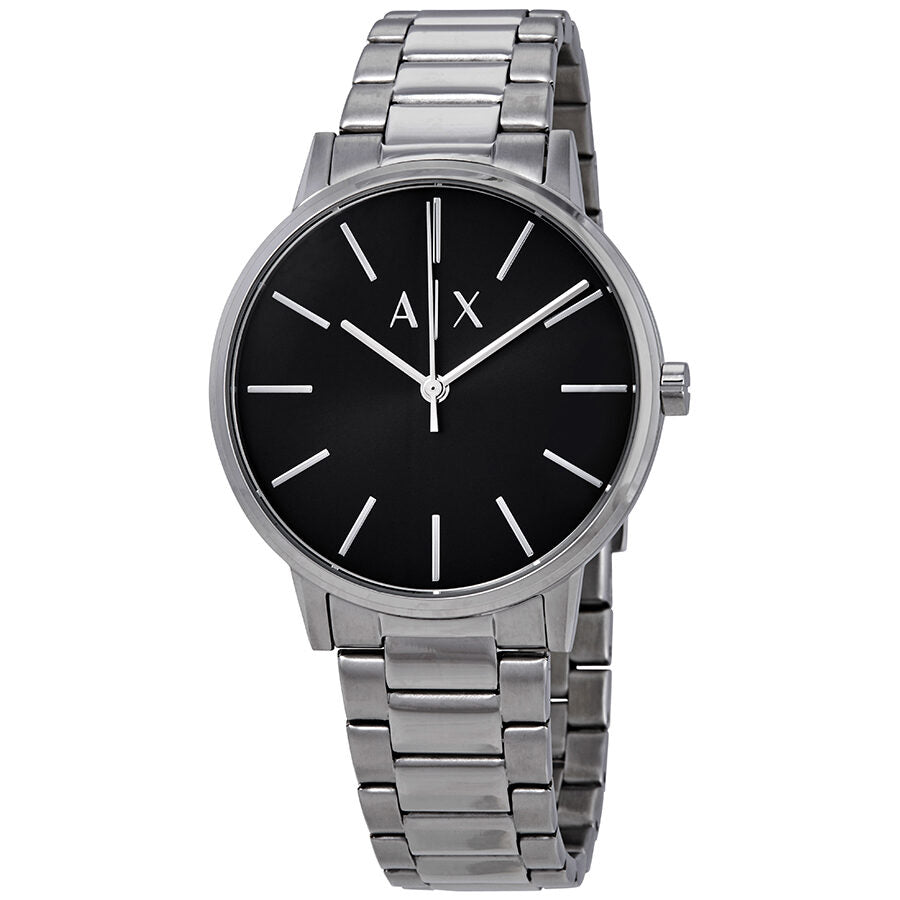 Armani Exchange Cayde black dial silver watch with stainless steel band