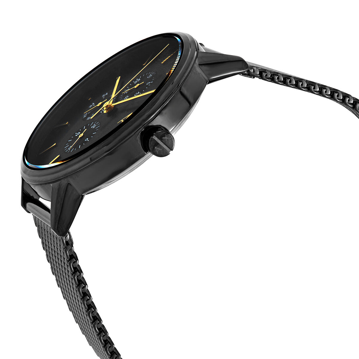Side angle view of Armani Exchange Cayde watch showing case depth and black mesh bracelet