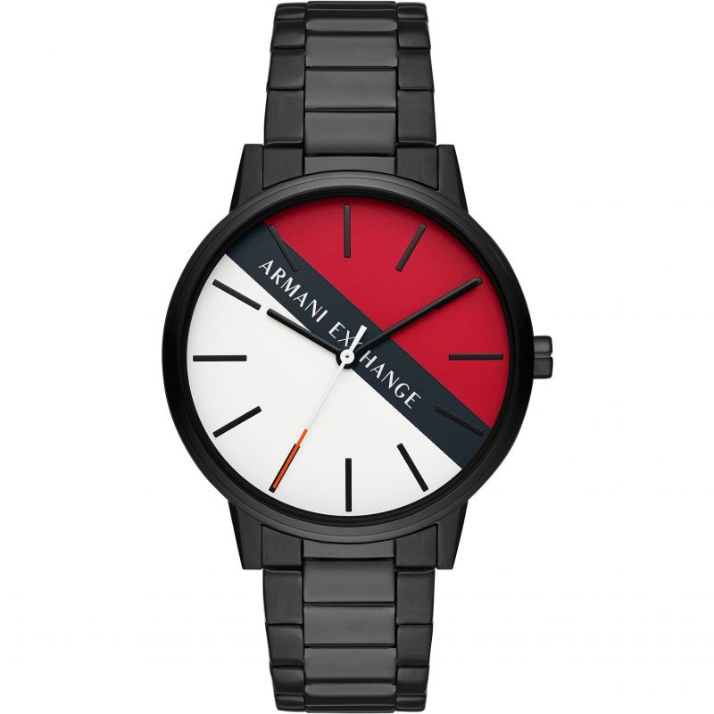 Armani Exchange Cayde men's watch with red, white and black multicolor dial and black steel bracelet