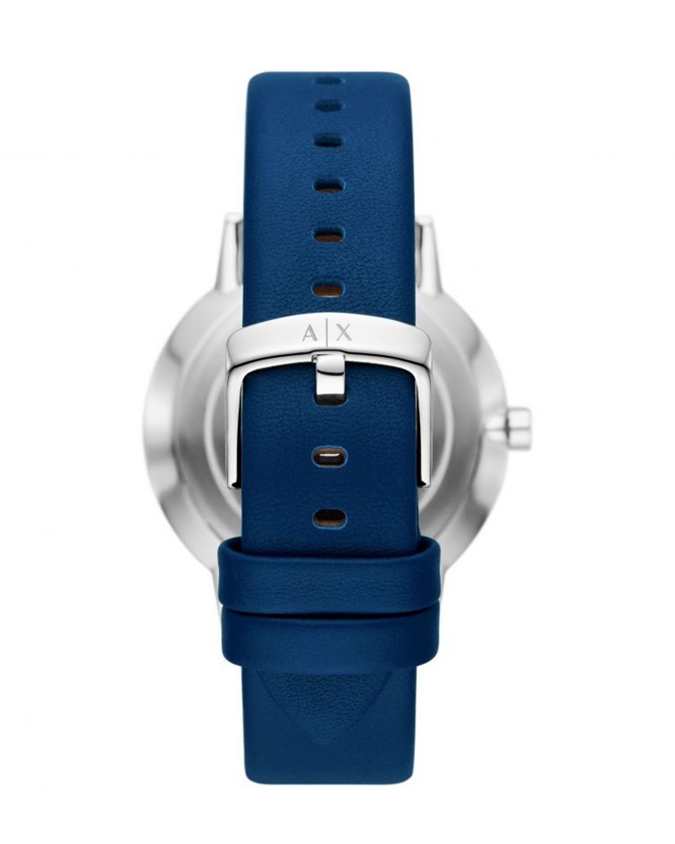 Armani Exchange Cayde watch showing caseback and blue leather strap with metal buckle