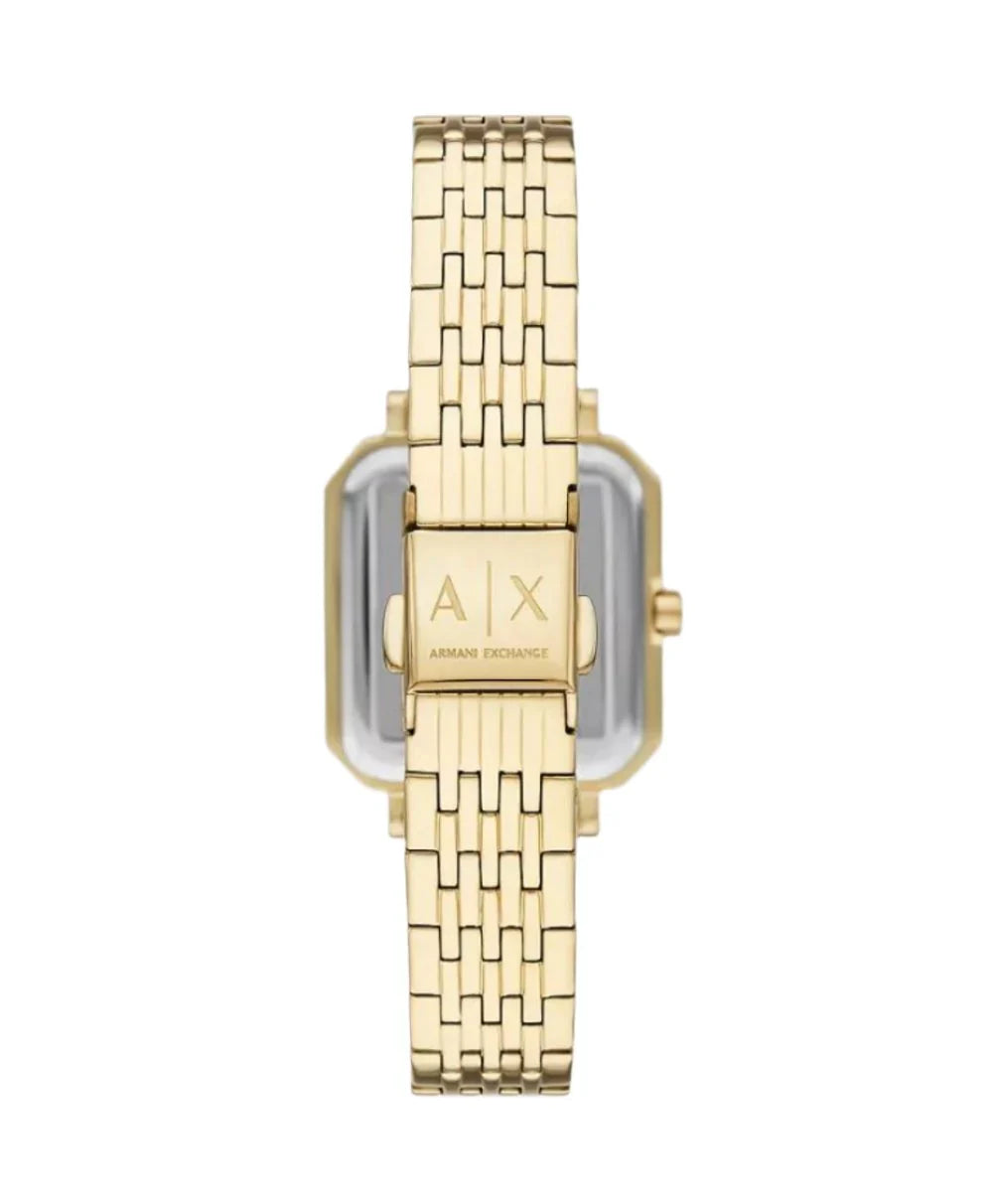 Armani Exchange Cayde AX5725 gold-tone watch with rectangular case at angle