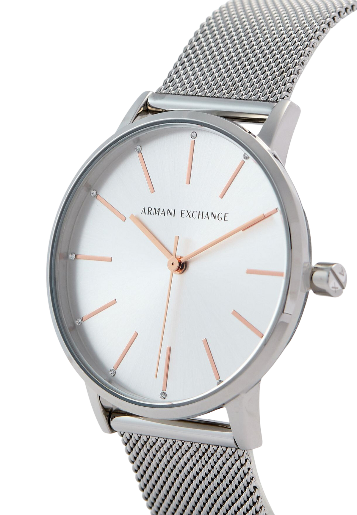Armani Exchange Cayde watch angled view showing silver mesh strap and white dial face