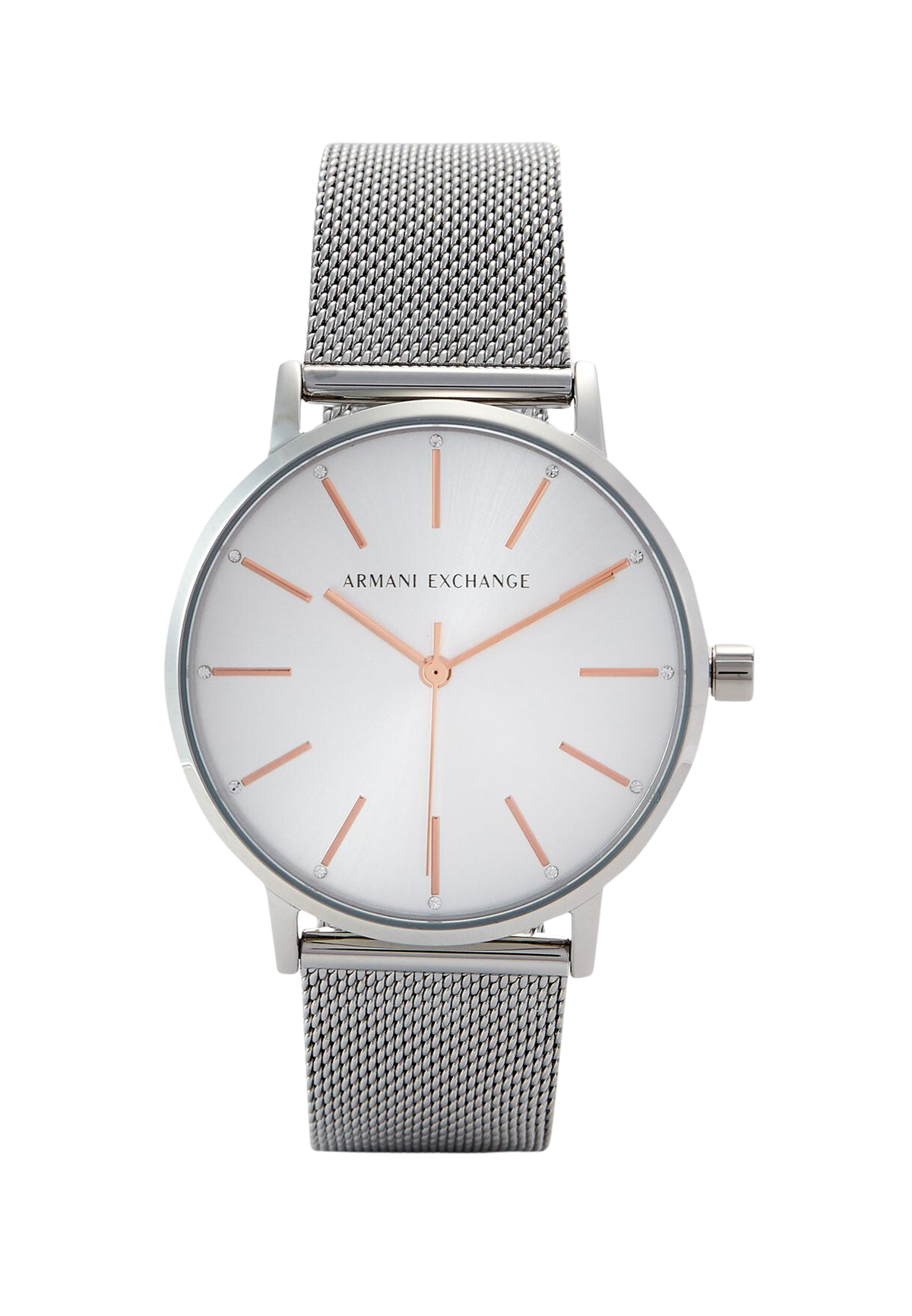 Armani Exchange Cayde silver stainless steel watch with white dial and rose gold accents