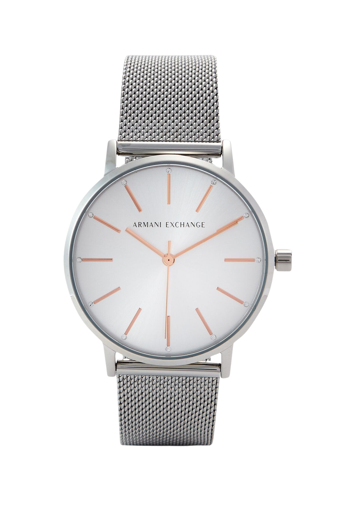 Armani Exchange Cayde silver stainless steel watch with white dial and rose gold accents