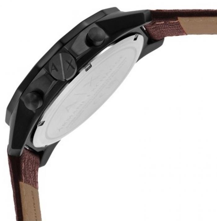 Armani Exchange AX1732 chronograph watch side view with brown leather strap and case back visible