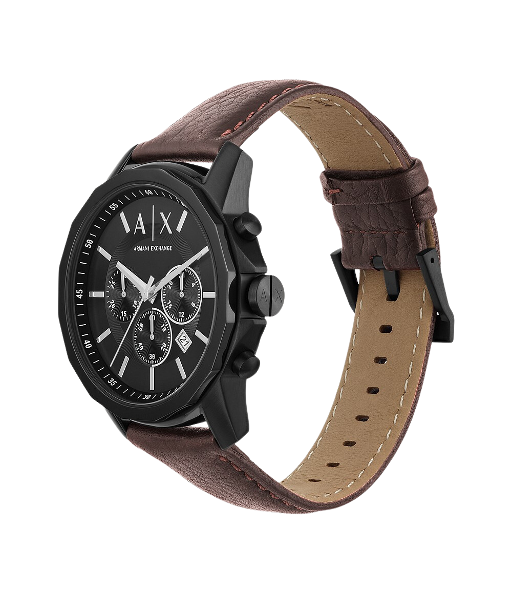 Armani Exchange AX1732 chronograph watch showing brown leather strap and black case at angle