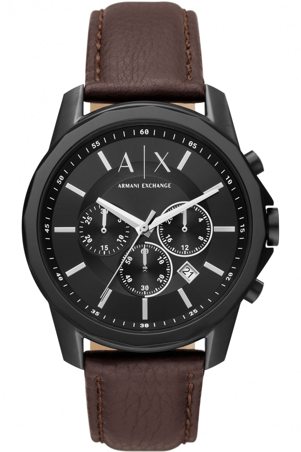 Armani Exchange AX1732 chronograph watch with black dial and brown leather strap, front view