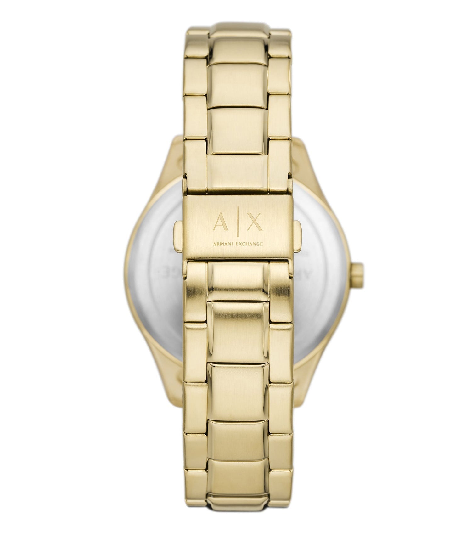 Back view of Armani Exchange Dante chronograph watch with gold-tone case and bracelet
