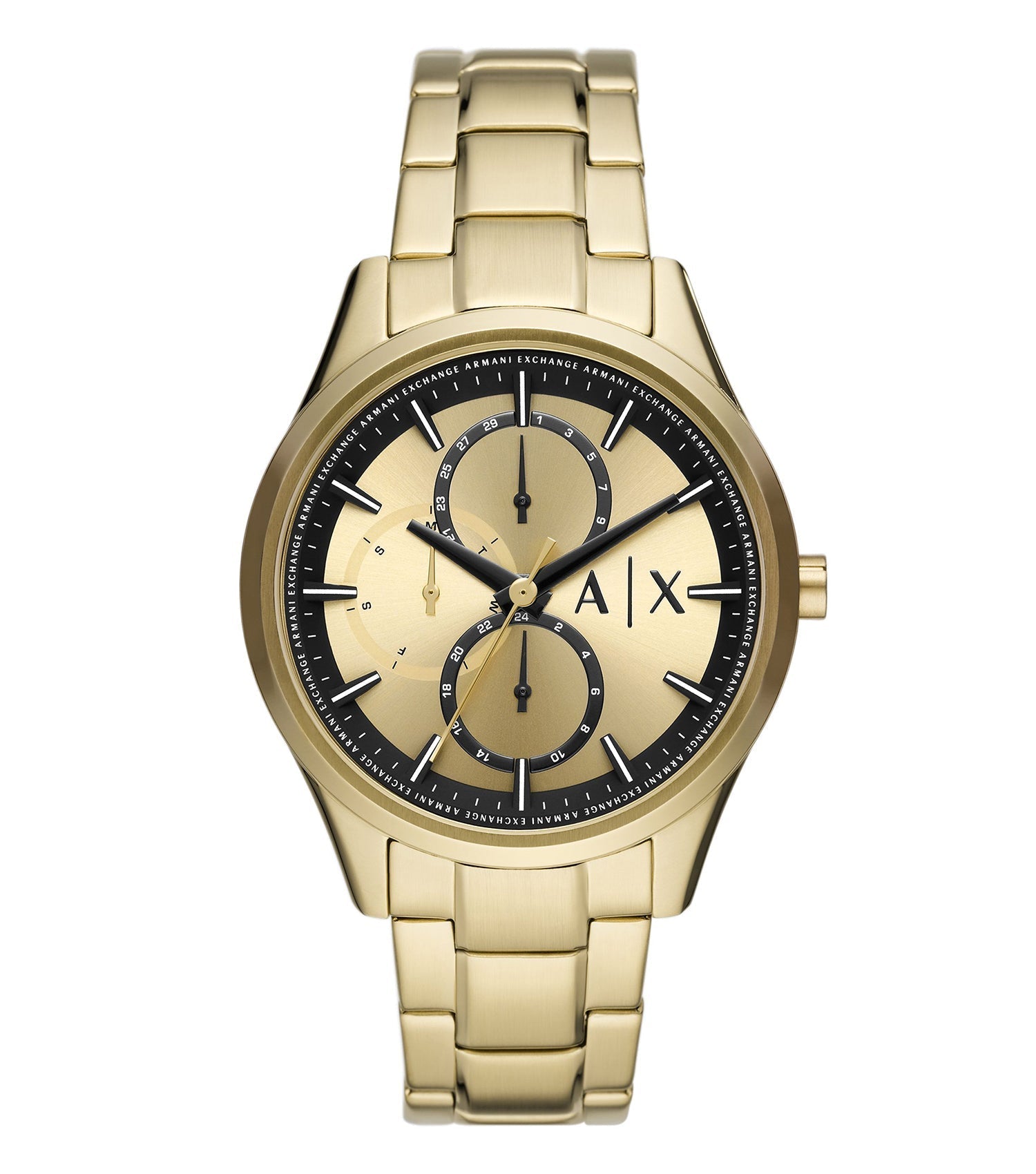 Armani Exchange Dante Chronograph gold watch with dual subdials and gold-tone bracelet