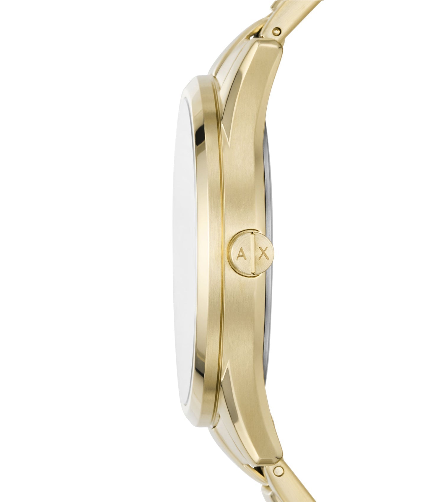 Side profile of Armani Exchange Dante gold chronograph watch showing case thickness