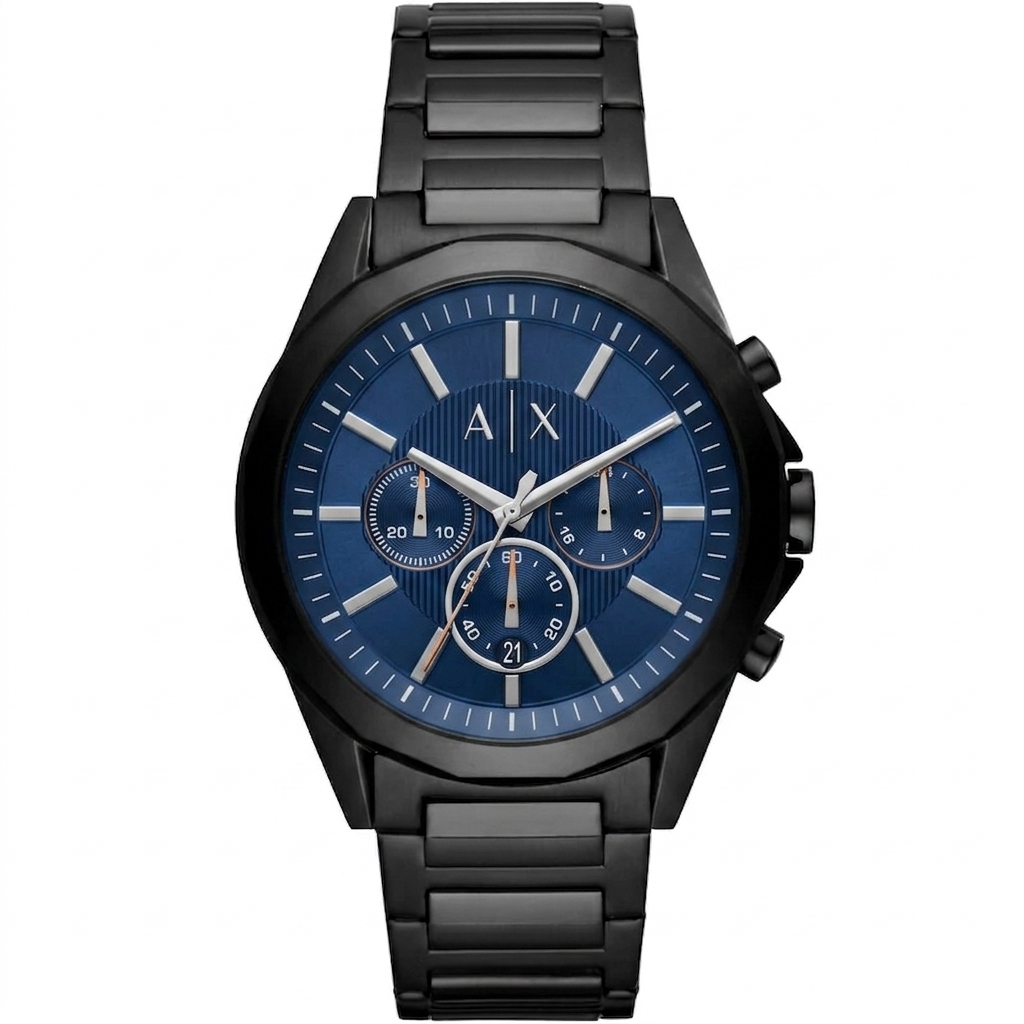 Armani Exchange Drexler AX2639 chronograph watch with blue dial and black stainless steel bracelet