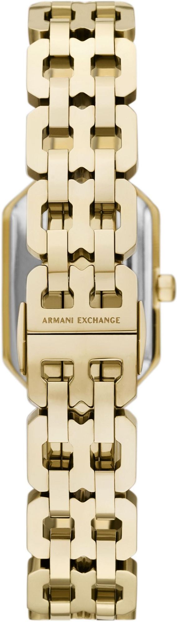 Side view of Armani Exchange Faye watch showing gold bracelet and case profile