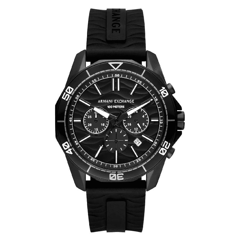 Armani Exchange Hampton all-black chronograph watch with black rubber strap