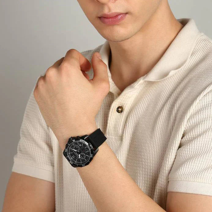 Armani Exchange Hampton all-black chronograph watch worn on wrist