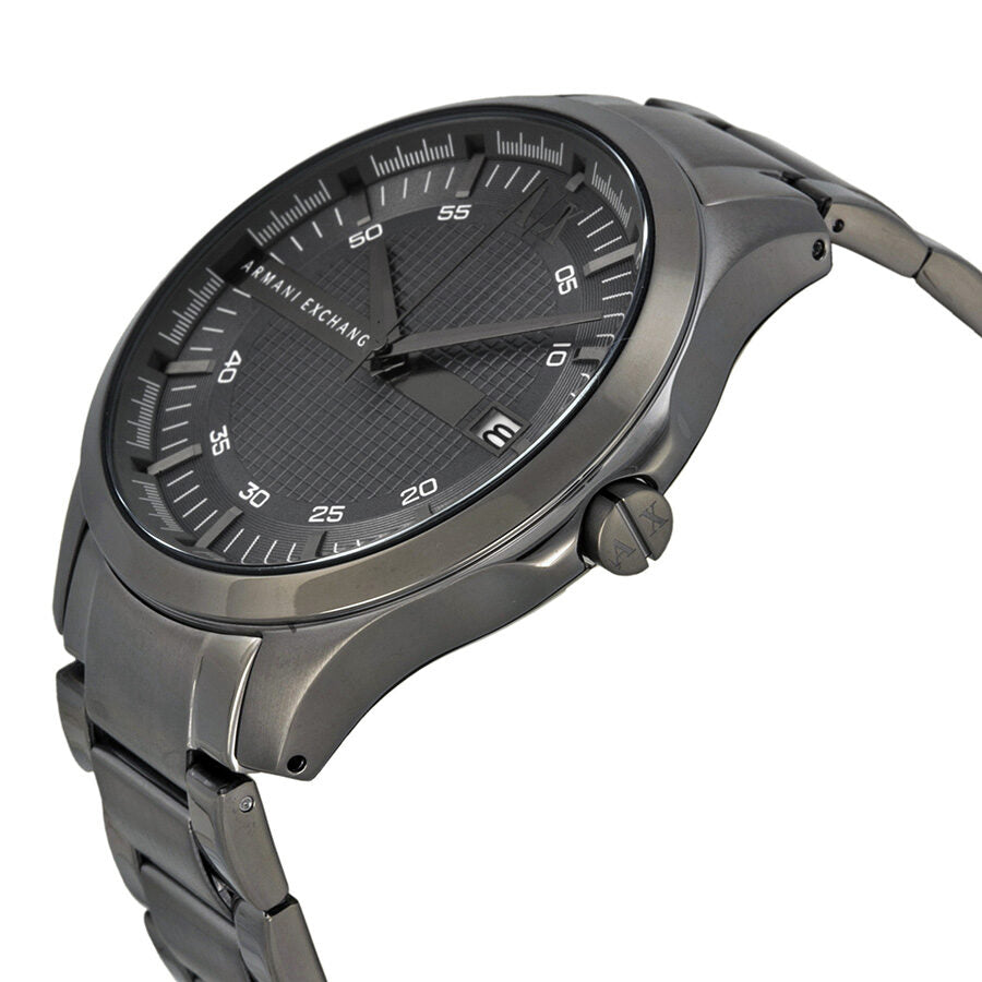 Armani Exchange Hampton grey watch displayed at angle showing case profile and bracelet