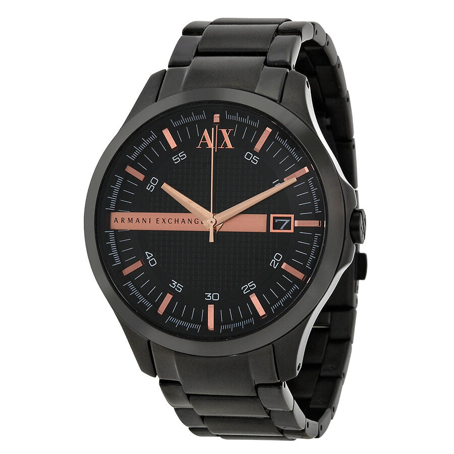 Armani Exchange Hampton black dial watch with rose-tone hands and date window, ion-plated bracelet