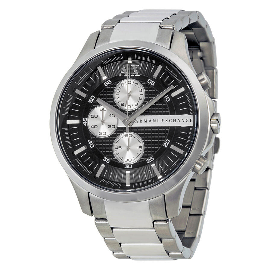 Armani Exchange Hampton chronograph watch with black dial and three white subdials, stainless steel bracelet