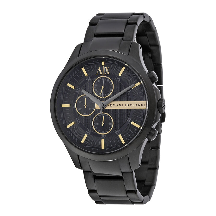 Armani Exchange AX2164 black chronograph watch with gold dial accents and all-black steel bracelet
