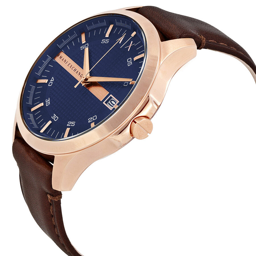 Armani Exchange Hampton watch at angle showing blue dial and brown leather strap detail