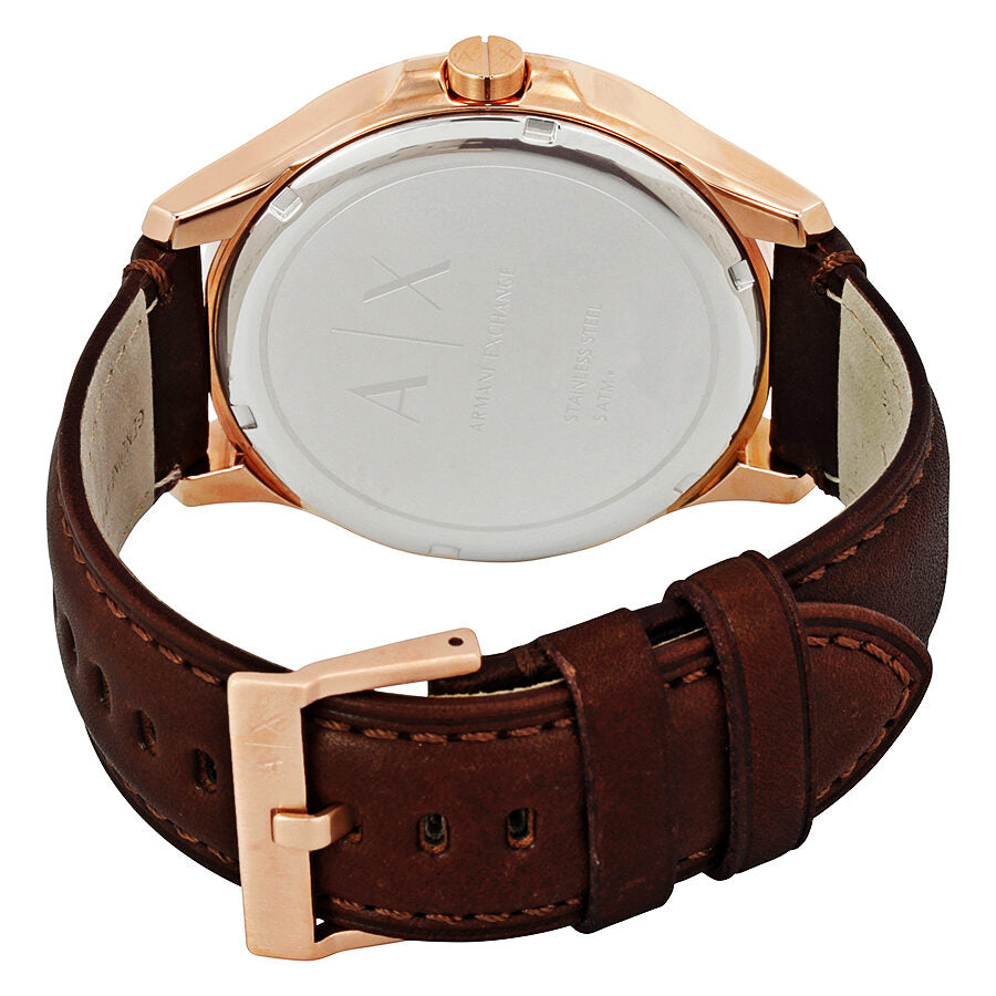Armani Exchange Hampton watch caseback showing engraved branding and brown leather strap