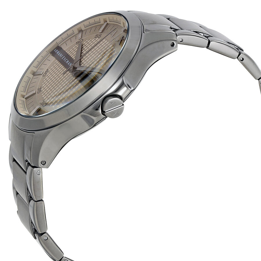 Armani Exchange Hampton men's watch at angle showing steel bracelet and light grey dial