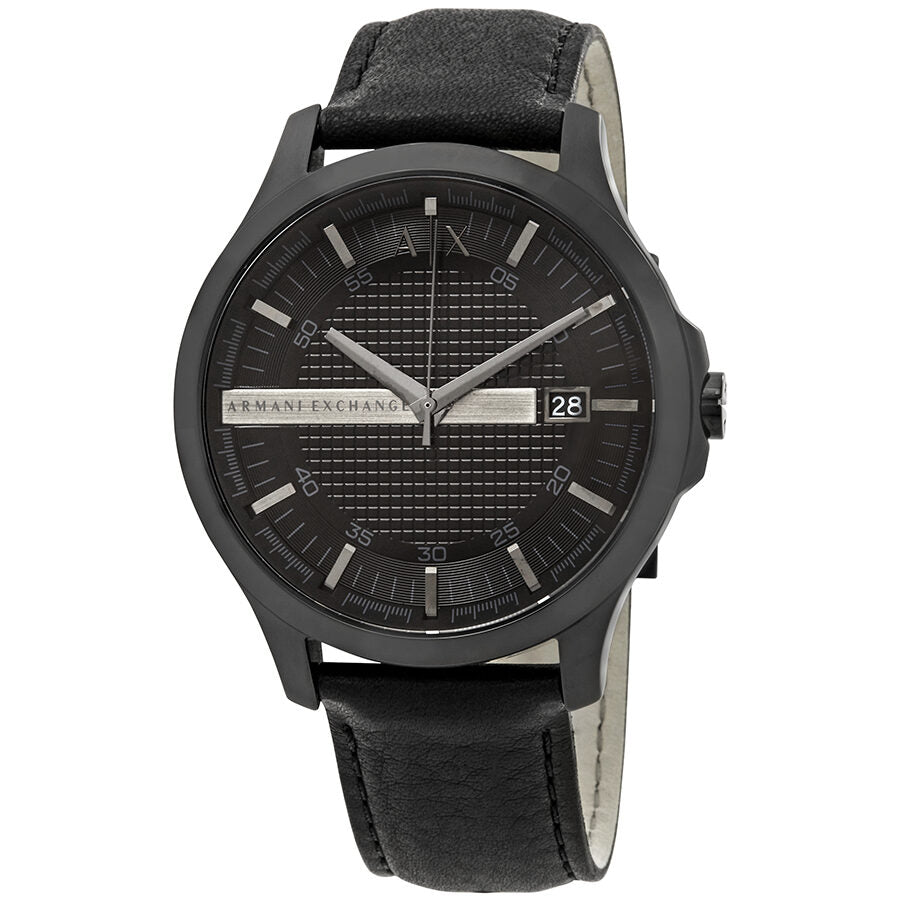 Armani Exchange Hampton black watch with textured dial, date window, and black leather strap