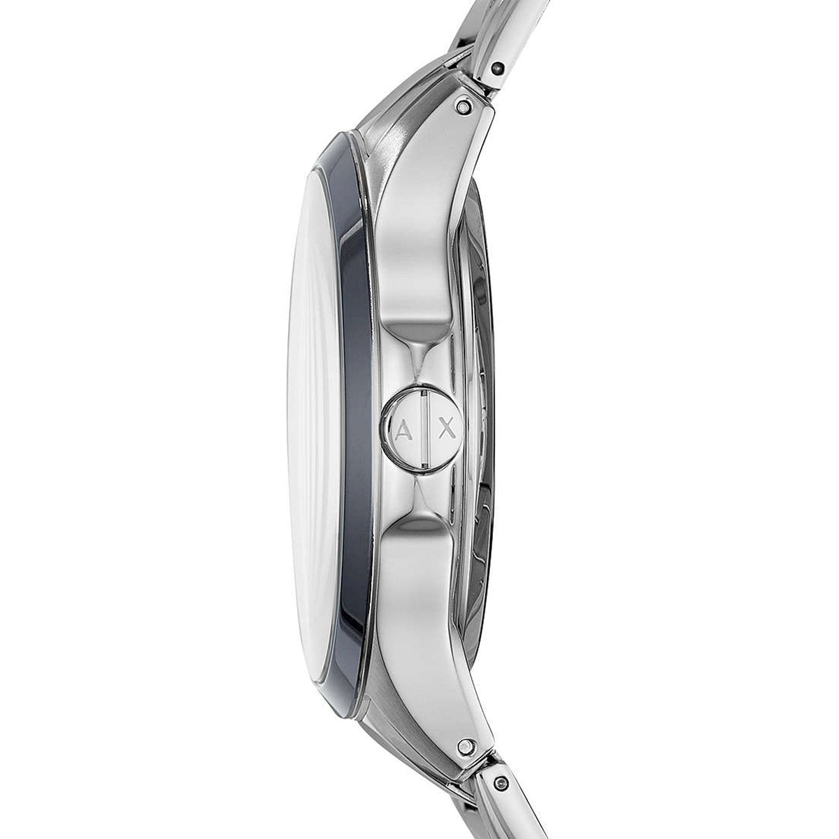 Side profile view of Armani Exchange Hampton watch showing thin case and metal bracelet