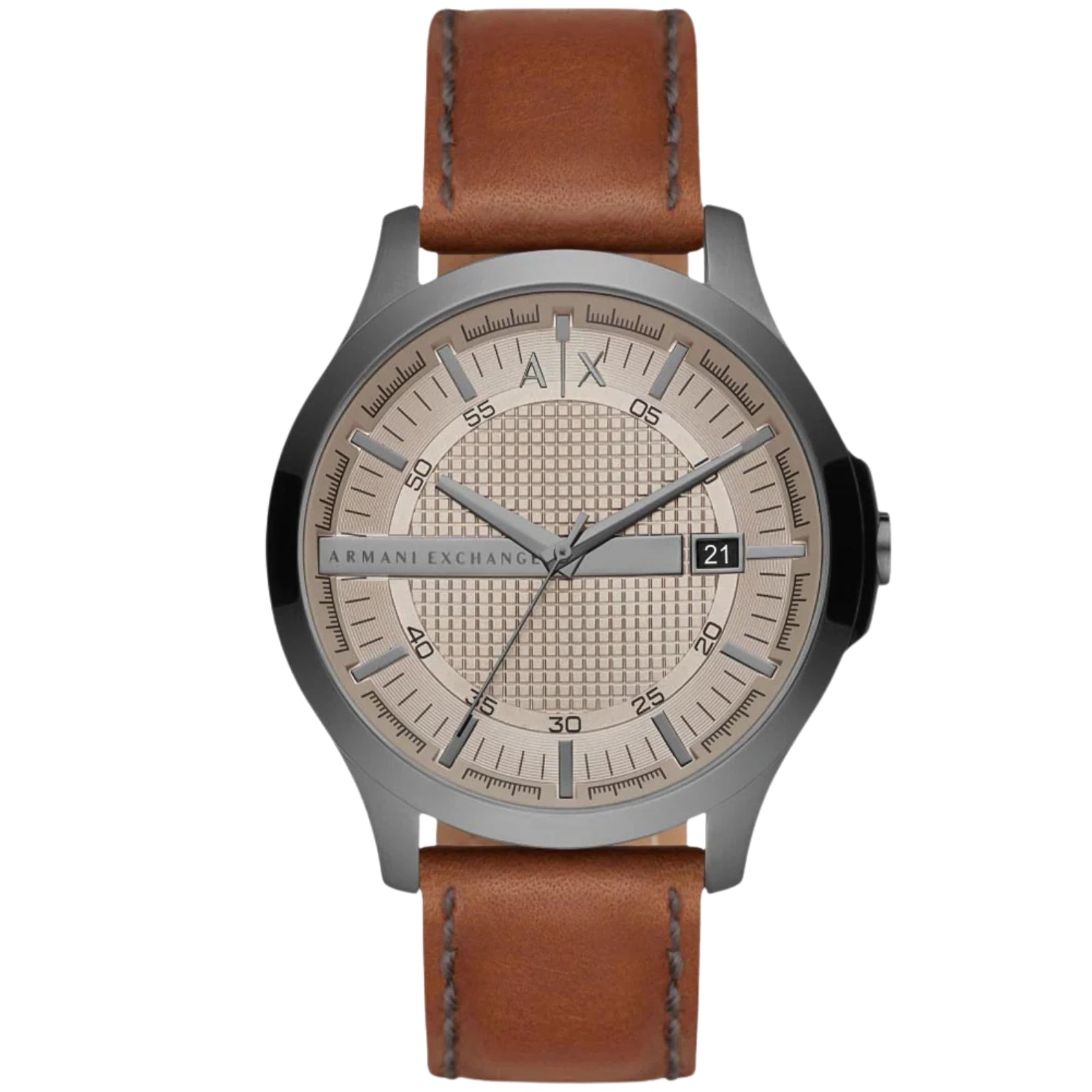 Armani Exchange Hampton AX2414 watch with grey dial, brown leather strap, and date window