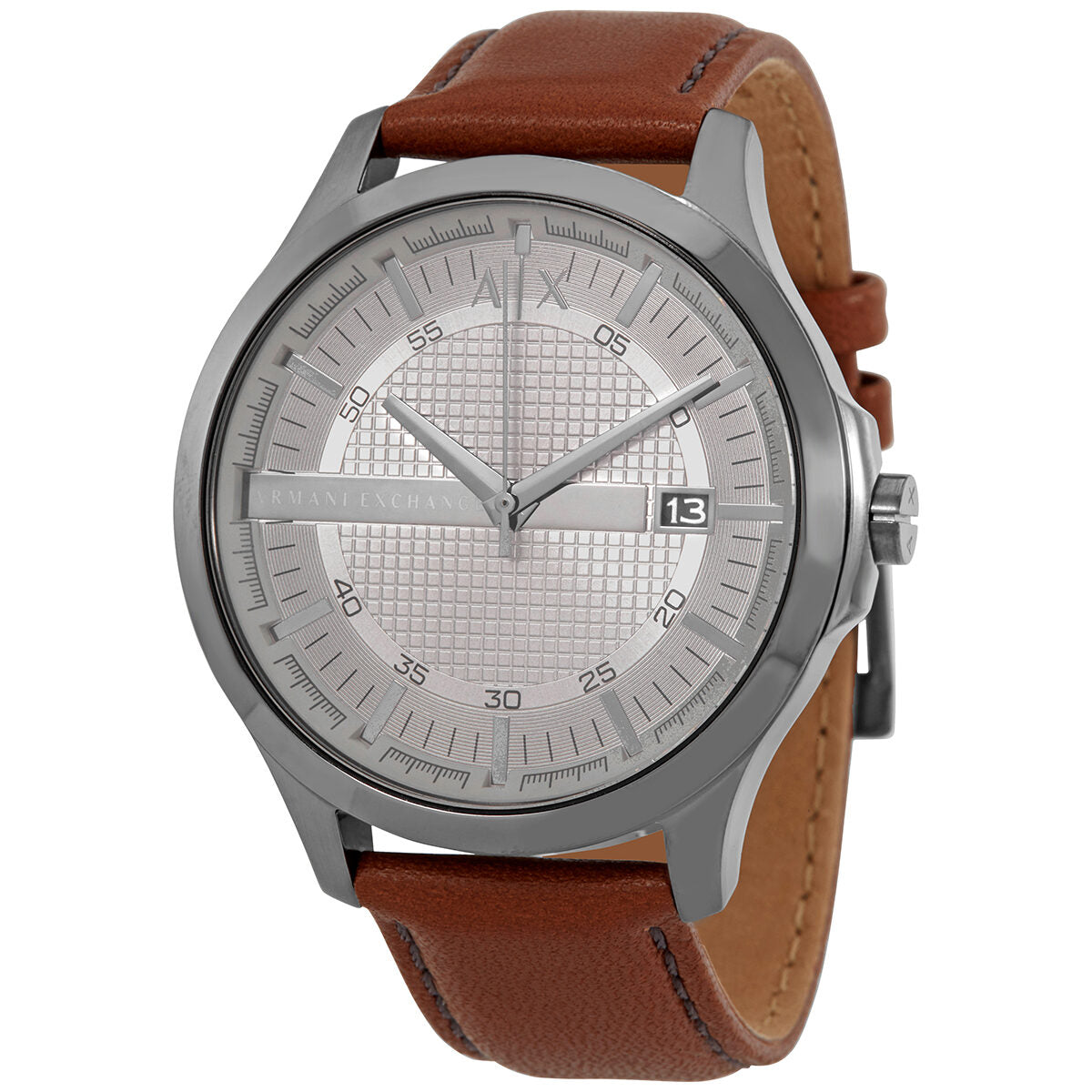 Armani Exchange Hampton AX2414 on wrist showing grey dial and brown leather strap