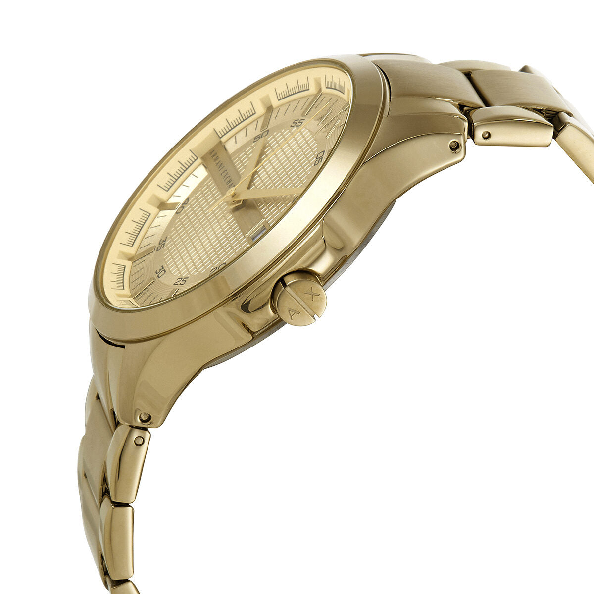Armani Exchange Hampton AX2415 watch side angle showing gold case and strap