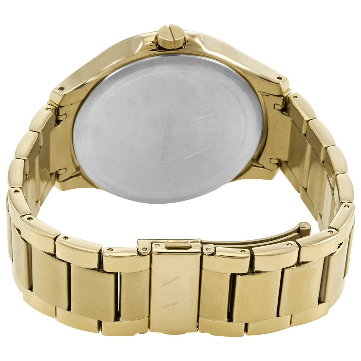 Armani Exchange Hampton AX2415 watch caseback with gold bracelet visible