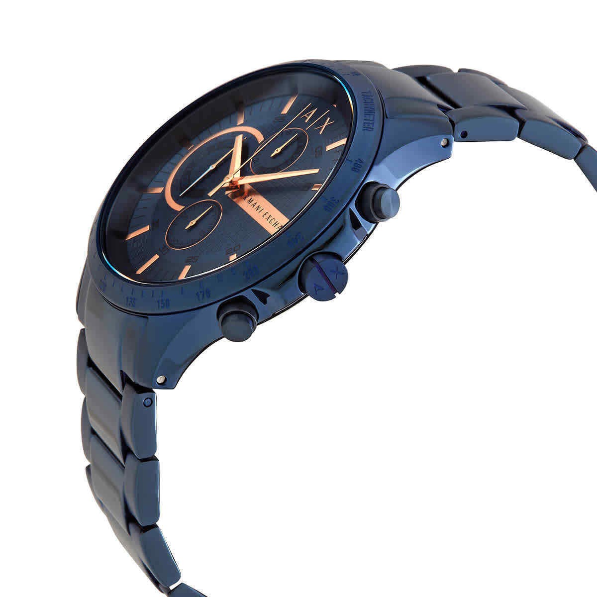 Side angle view of Armani Exchange Hampton watch showing blue case and bracelet