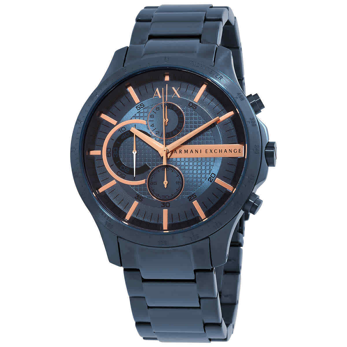 Armani Exchange Hampton chronograph watch with blue dial and rose gold accents on blue bracelet