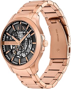 Armani Exchange Hampton watch angle view showing black dial and rose gold metal bracelet