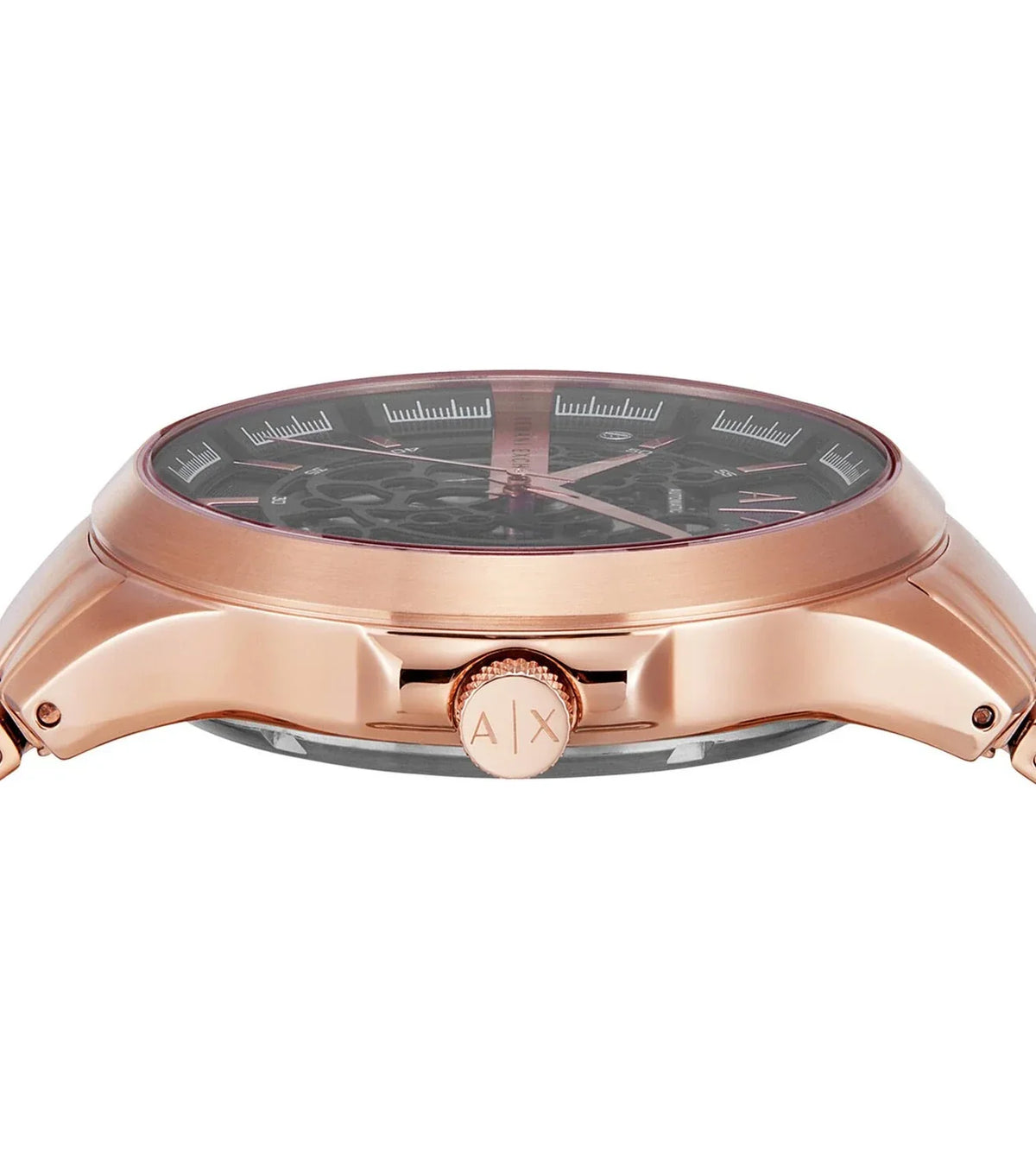 Close-up of Armani Exchange Hampton dial showing skeleton movement and rose gold bezel
