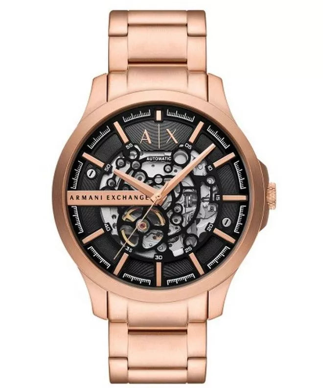 Armani Exchange Hampton automatic watch with black skeleton dial and rose gold bracelet front view