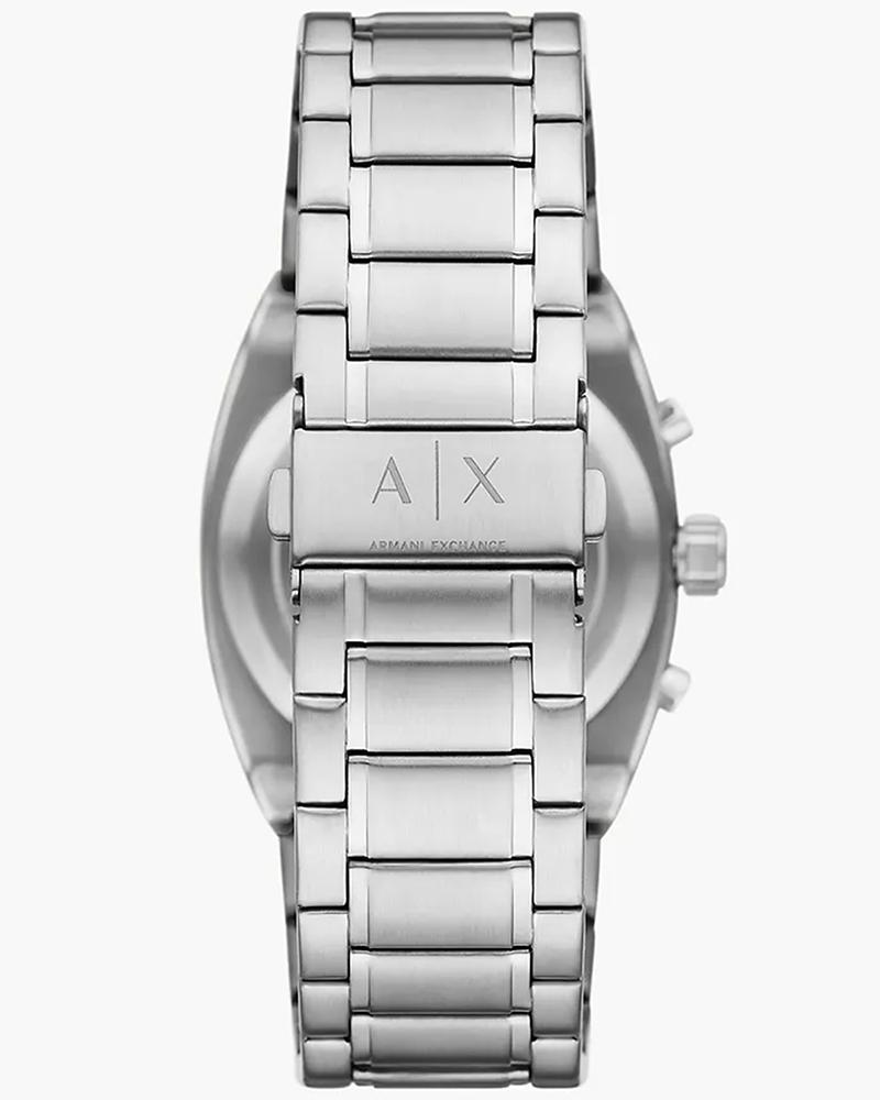 Armani Exchange Hampton AX2820 watch caseback showing stainless steel bracelet and AX logo