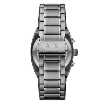 Caseback view of Armani Exchange watch displaying stainless steel metal bracelet