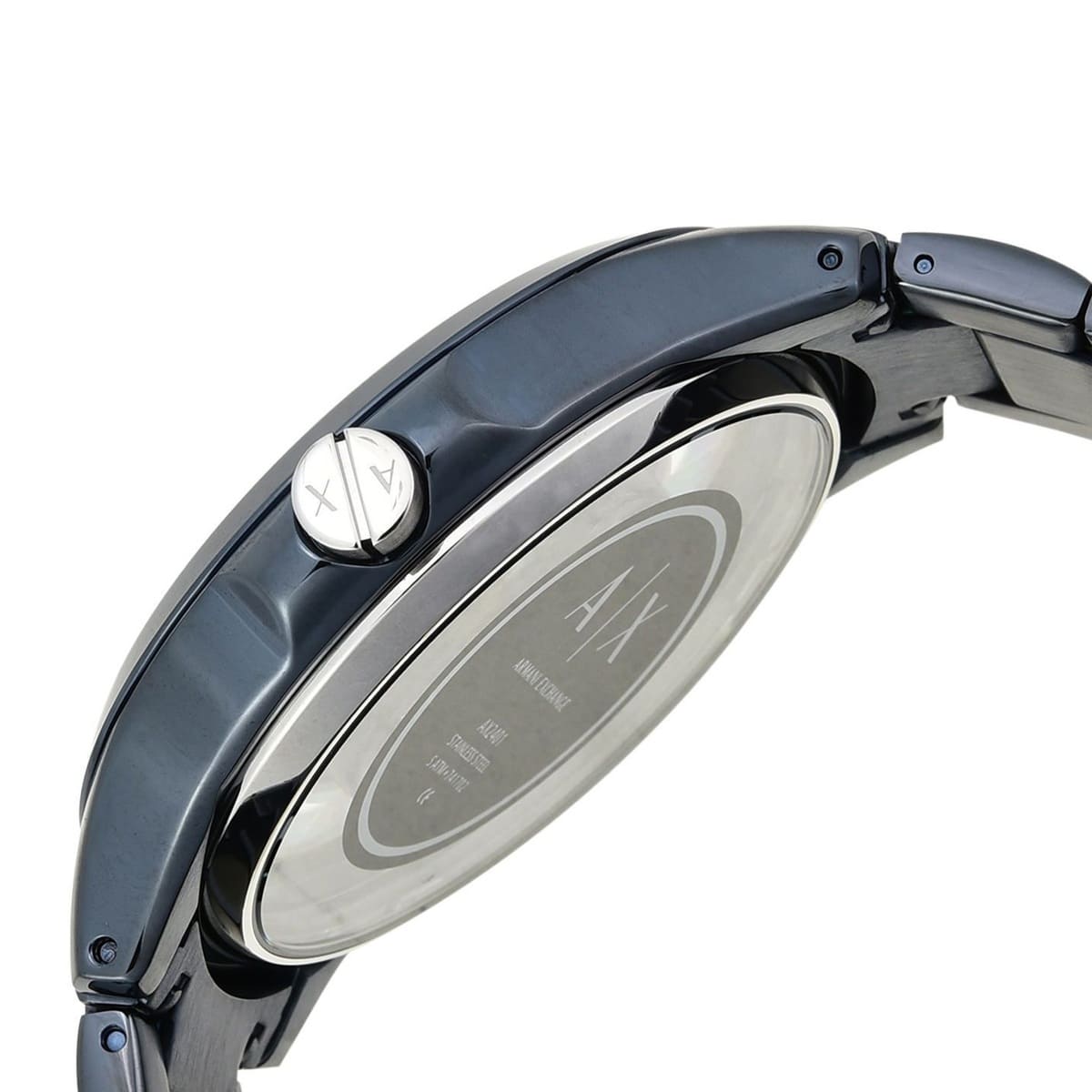 Caseback view of Armani Exchange Hampton blue watch with engraved text