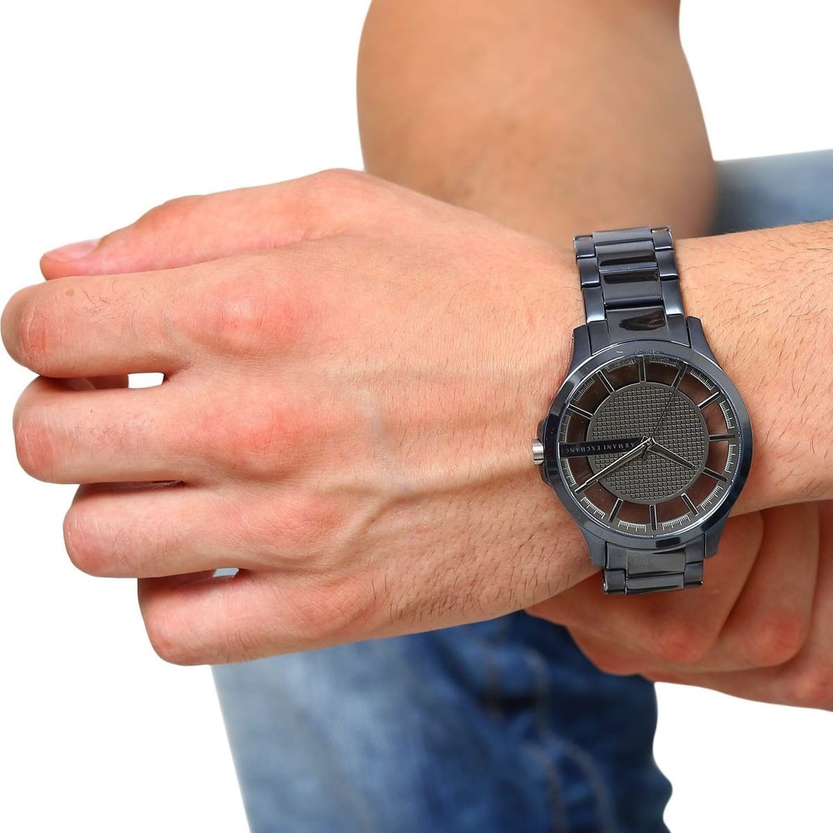 Armani Exchange Hampton blue watch worn on wrist showing fit and dial detail